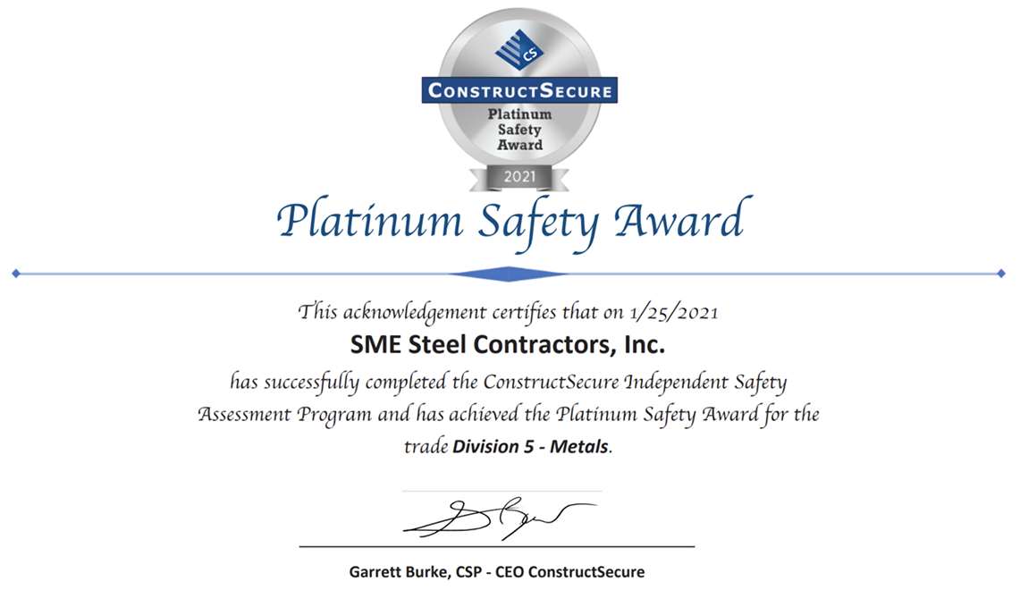 SME Steel Contractors, Inc. Earns ConstructSecure Platinum Safety Award for 2021