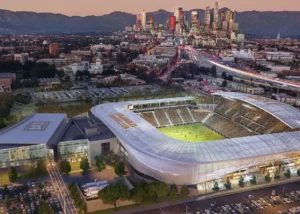Banc of California Stadium aerial view at sunset