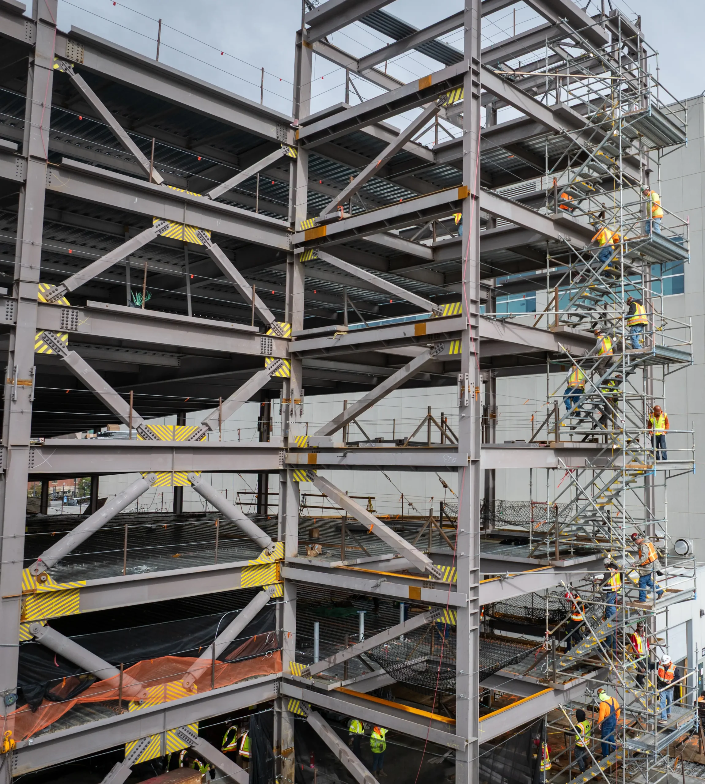Delta Center Parking garage under construction, steel beams and CoreBrace BRB's