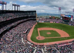 Oracle Park aerial view of stadium during a baseball game