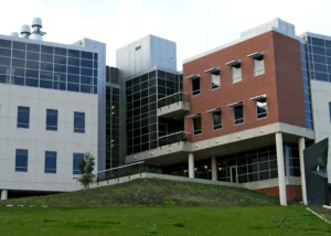 exterior view of a red and white building