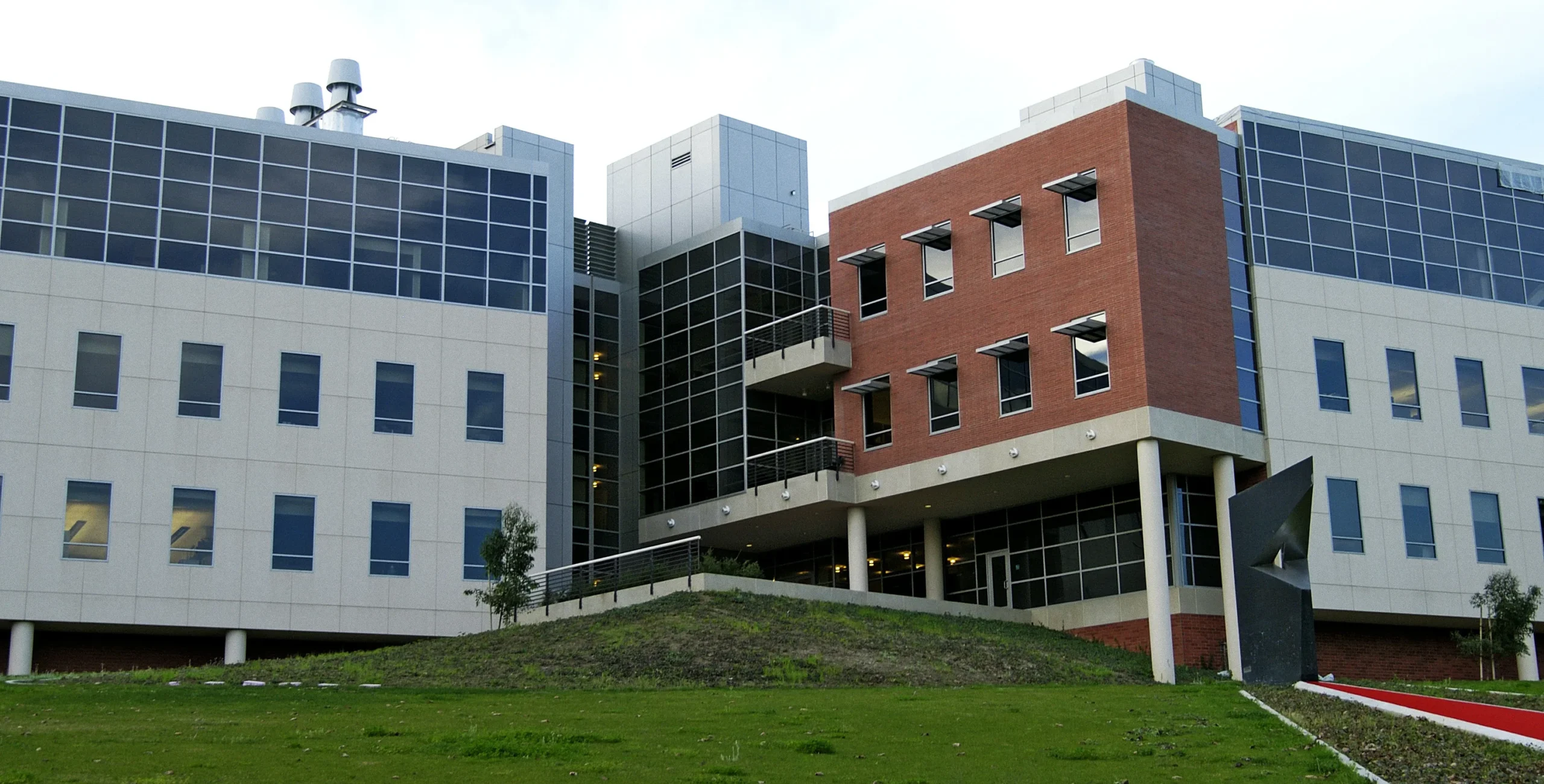 exterior view of a red and white building
